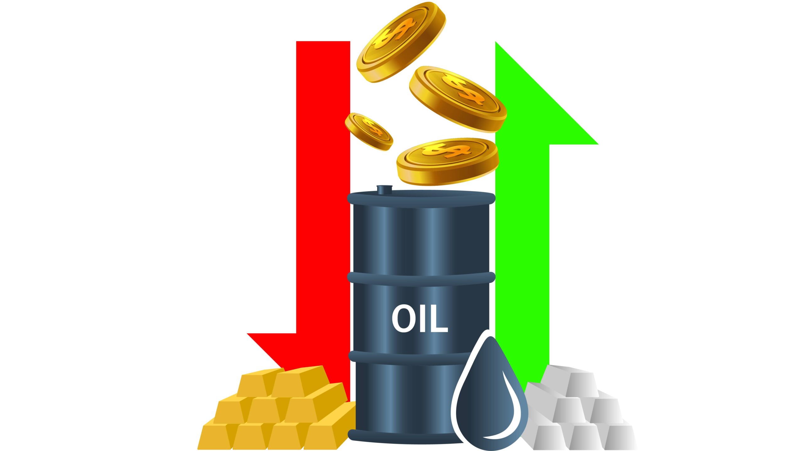 An oil barrel featuring gold designs and arrows, representing financial growth and movement in the oil industry.